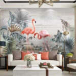 Fotobehang Flamingo's tussen tropisch gebladerte.