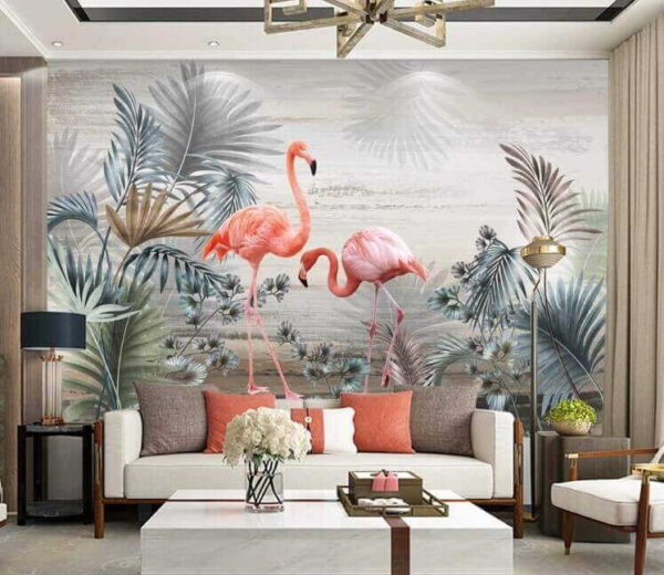 Flamingo's tussen tropisch gebladerte Fotobehang Flamingo's tussen tropisch gebladerte