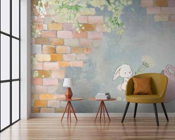 Cartoon konijn en een huis met bloemen Fotobehang Cartoon konijn en een huis met bloemen