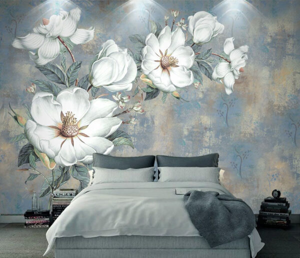 Witte bloemen op blauwe gestructureerde achtergrond Fotobehang Witte bloemen op blauwe gestructureerde achtergrond