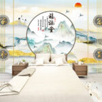 Fotobehang Schilderij van bergen en vogels