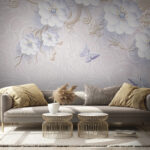 Fotobehang Behang met witte bloemen en vlinders