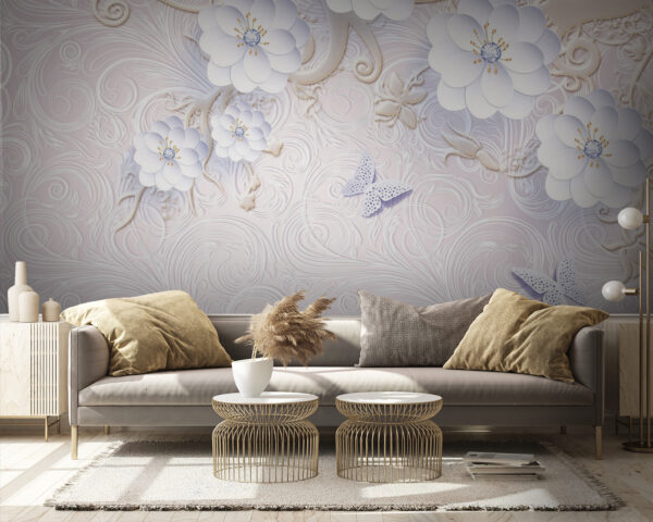 Behang met witte bloemen en vlinders Fotobehang Behang met witte bloemen en vlinders