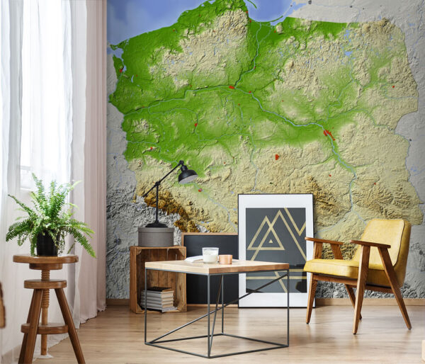 Kaart van polen met land en water Fotobehang Kaart van polen met land en water