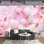 Fotobehang Roze bloemen en vlinders