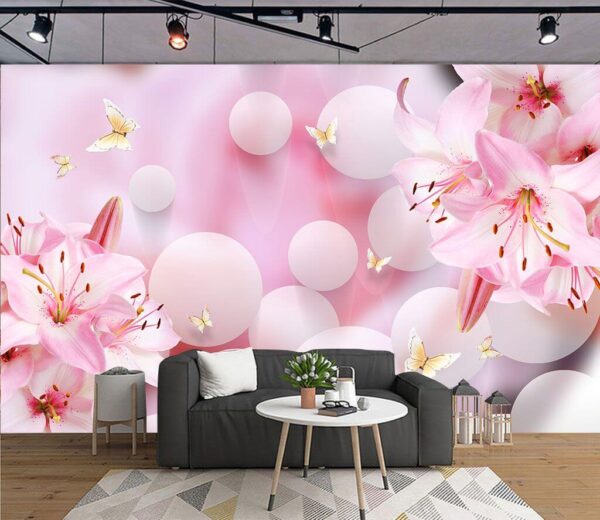 Roze bloemen en vlinders Fotobehang Roze bloemen en vlinders