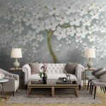 Fotobehang Elegante witte bloemen aan kronkelende takken.