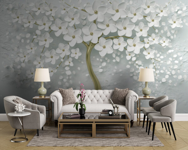 Fotobehang Fotobehang Elegante witte bloemen aan kronkelende takken (Artikelnummer: u37065v1)