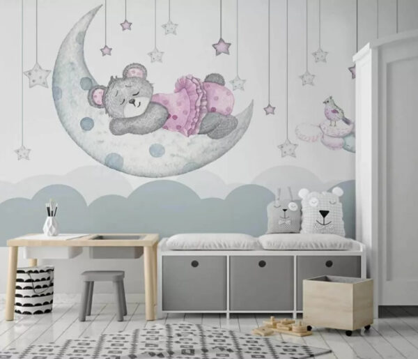 Aquarel van een teddybeer die een jurk draagt Fotobehang Aquarel van een teddybeer die een jurk draagt