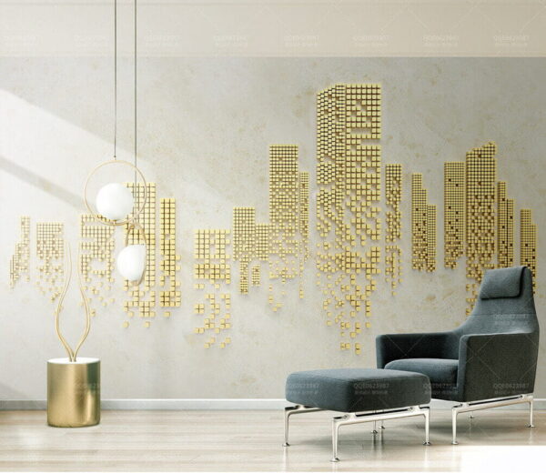 Stads skyline gemaakt van kleine vierkantjes Fotobehang Stads skyline gemaakt van kleine vierkantjes