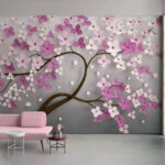Fotobehang Boom met roze en witte bloemen