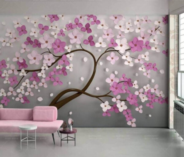 Boom met roze en witte bloemen Fotobehang Boom met roze en witte bloemen