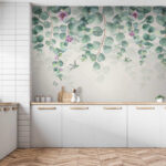 Fotobehang Paarse bloem met groene bladeren
