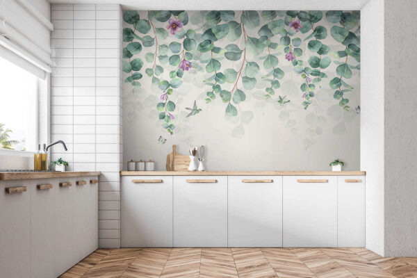 Paarse bloem met groene bladeren Fotobehang Paarse bloem met groene bladeren