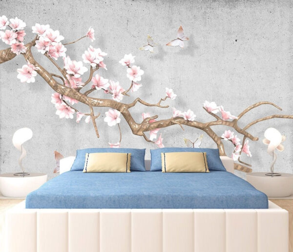 Tak met bloemen en vlinders Fotobehang Tak met bloemen en vlinders