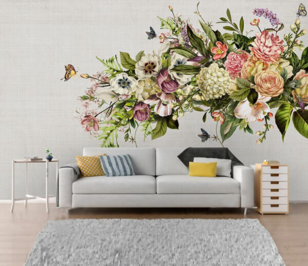 Vlinder vliegend over een boeket bloemen Fotobehang Vlinder vliegend over een boeket bloemen