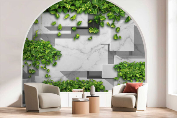 Groene bladeren op geometrisch marmerdessin Fotobehang Groene bladeren op geometrisch marmerdessin