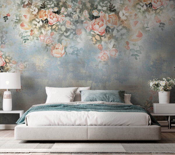 Schilderij van bloemen en bladeren Fotobehang Schilderij van bloemen en bladeren