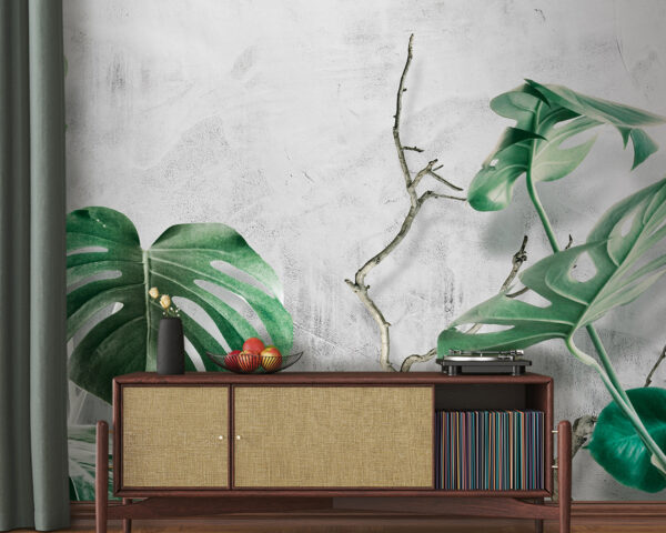 Groene bladeren tegen muur met structuur Fotobehang Groene bladeren tegen muur met structuur