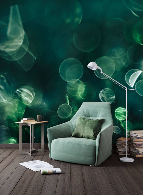 Wazig beeld van groene en witte cirkels Fotobehang Wazig beeld van groene en witte cirkels