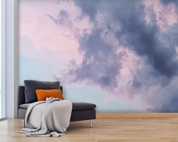 Bewolkte lucht met roze en blauwe wolken Fotobehang Bewolkte lucht met roze en blauwe wolken