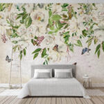 Fotobehang Schilderij van witte bloemen en vlinders