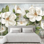 Fotobehang Delicate witte bloemen op gestructureerde achtergrond