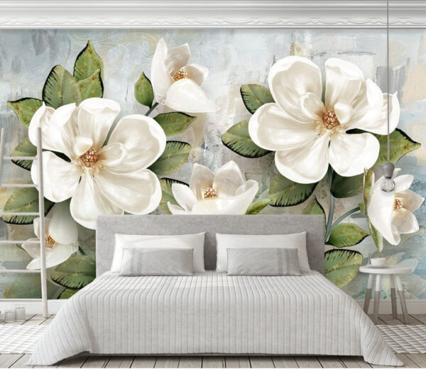 Delicate witte bloemen op gestructureerde achtergrond Fotobehang Delicate witte bloemen op gestructureerde achtergrond