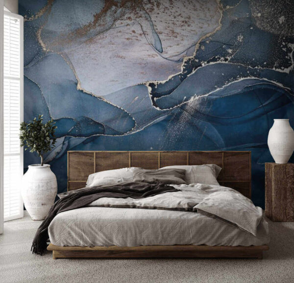 Abstracte blauwe golven met glinsterende lijnen Fotobehang Abstracte blauwe golven met glinsterende lijnen