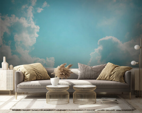 Blauwe lucht met wolken en zon Fotobehang Blauwe lucht met wolken en zon