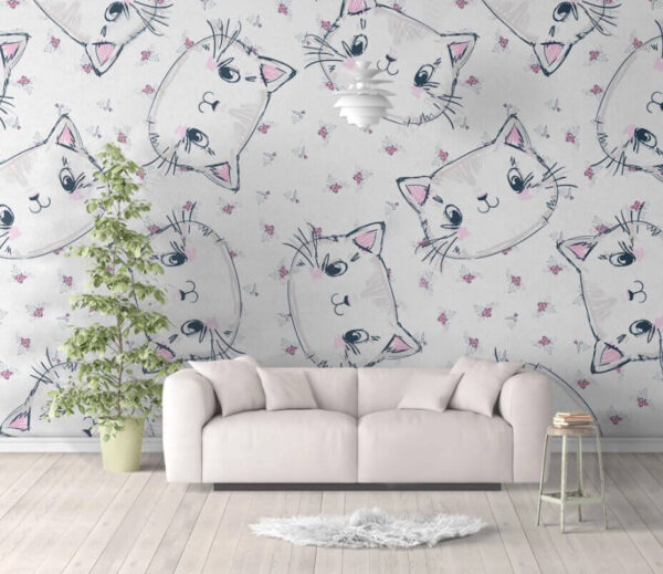 Patroon van katten op een witte achtergrond Fotobehang Patroon van katten op een witte achtergrond