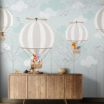 Fotobehang Giraffe en beer in een heteluchtballon