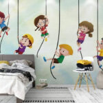 Fotobehang Groep kinderen klimmen op touwen