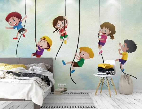 Groep kinderen klimmen op touwen Fotobehang Groep kinderen klimmen op touwen