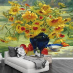 Fotobehang Schilderij van een vaas met gele bloemen en fruit