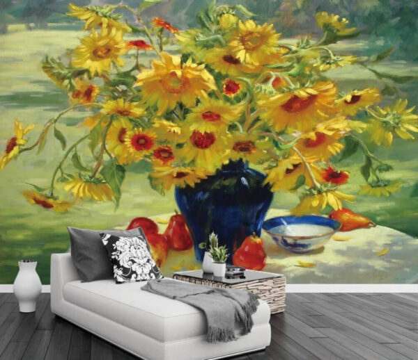 Schilderij van een vaas met gele bloemen en fruit Fotobehang Schilderij van een vaas met gele bloemen en fruit