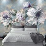 Fotobehang Schilderij van bloemen op een blauwe achtergrond