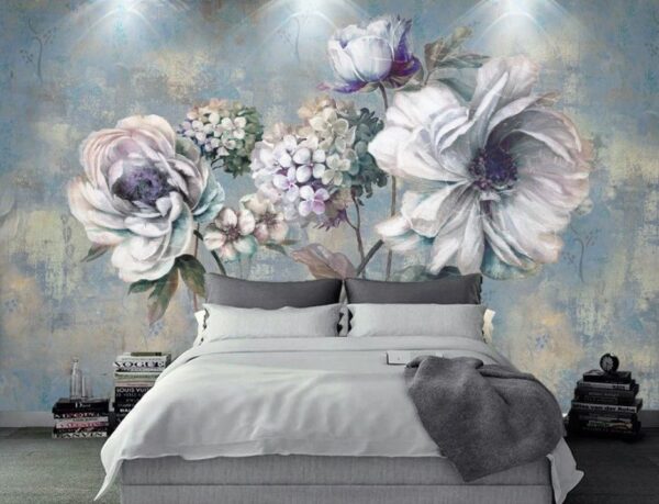 Schilderij van bloemen op een blauwe achtergrond Fotobehang Schilderij van bloemen op een blauwe achtergrond