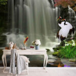 Fotobehang Waterval met vogels en vissen
