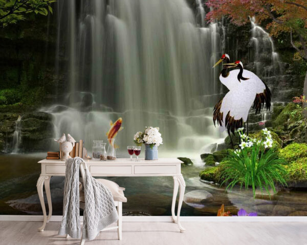 Waterval met vogels en vissen Fotobehang Waterval met vogels en vissen