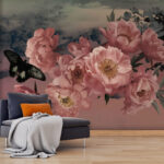 Fotobehang Vlinder vliegt over een bos roze bloemen