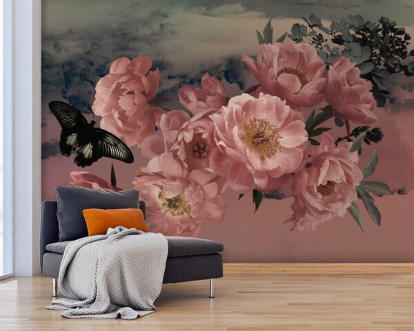 Vlinder vliegt over een bos roze bloemen Fotobehang Vlinder vliegt over een bos roze bloemen