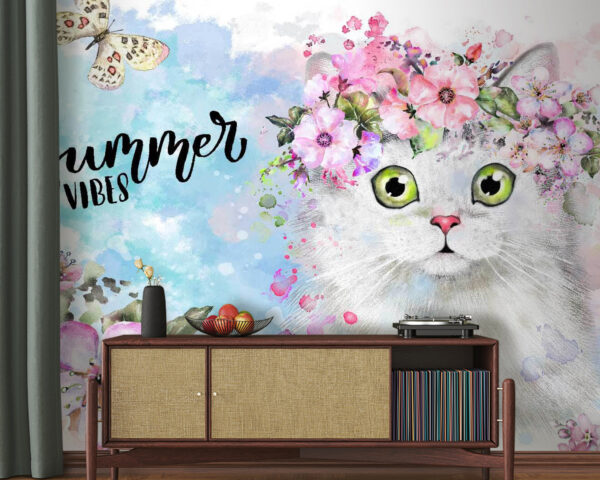 Kat met bloemen op zijn hoofd Fotobehang Kat met bloemen op zijn hoofd