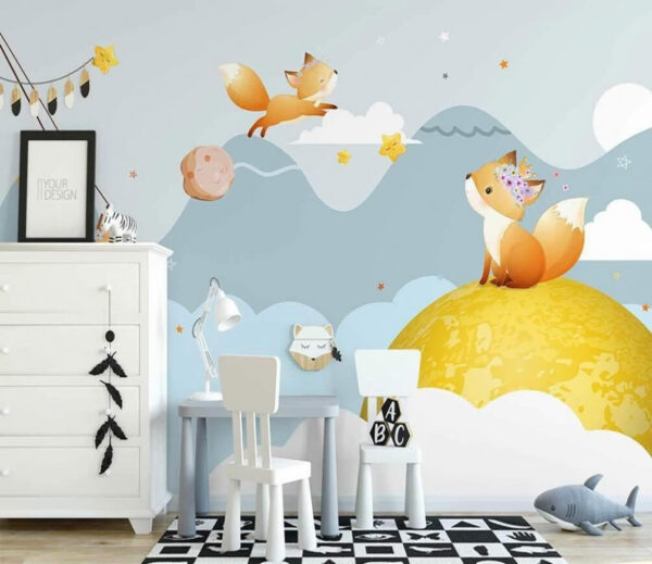 Cartoon van vossen op een maan Fotobehang Cartoon van vossen op een maan