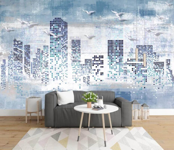 Vogels vliegen over een stad Fotobehang Vogels vliegen over een stad