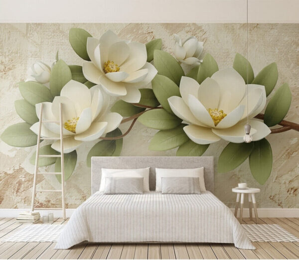 Elegante bloemen met groene bladeren Fotobehang Elegante bloemen met groene bladeren