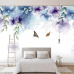 Fotobehang Vlinder en bloemen met bladeren