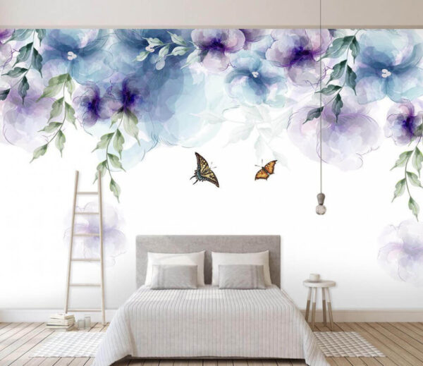 Vlinder en bloemen met bladeren Fotobehang Vlinder en bloemen met bladeren