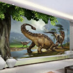 Fotobehang Grote dinosaurus met lange horens en lange staart