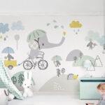 Fotobehang Beeldverhaal olifant op een fiets